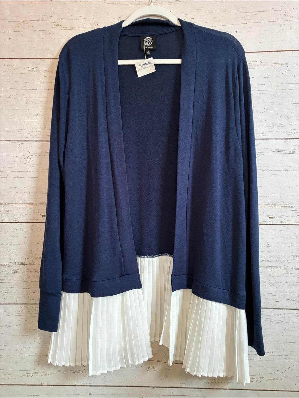 Bobeau Open Front Navy Cardigan with Pleated White Hem, size L, NWT